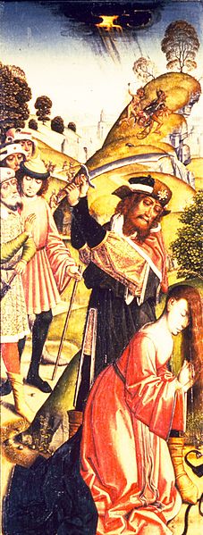 Męczennictwo świętej Barbary. 1470-1500. Autor obrazu Jacob van Lathem. Źródło Wikimedia. Domena publiczna