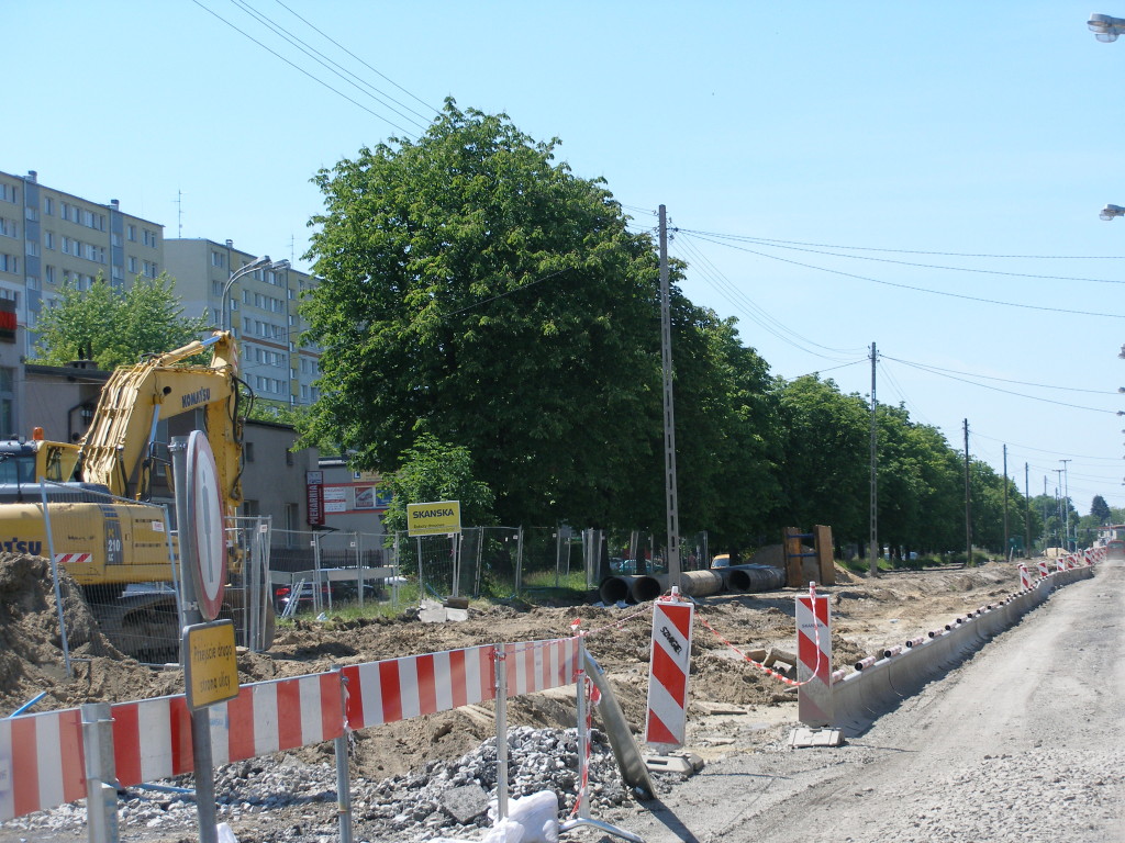 Ulica Inflancka w Łodzi. Kilkadziesiąt dorodnych kasztanowców już wycięto w związku z poszerzaniem ulicy. Te widoczne na zdjęciu prawdopodobnie już podzieliły ich los. 